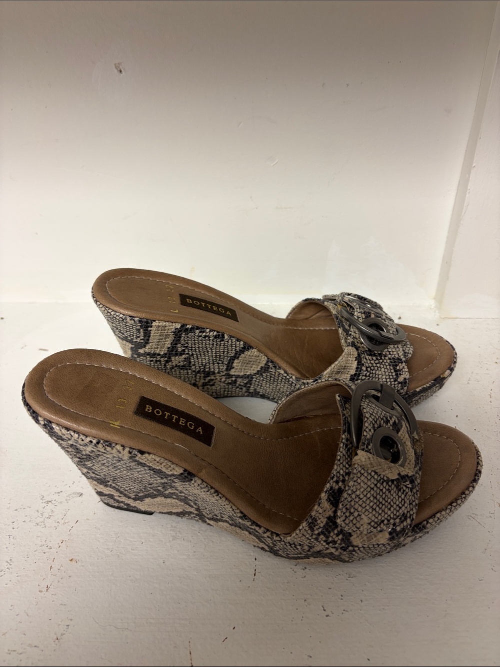 Snake-Print Slide Mules in Beige